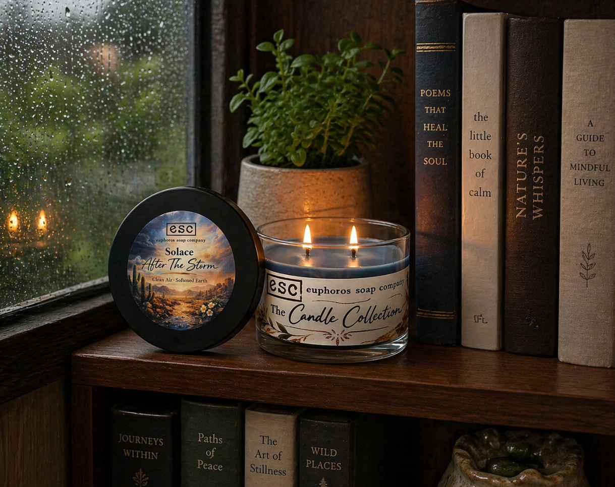 Dark Grey candle with a label and two lit wicks on a shelf next to books and a plant, with rain outside the window.