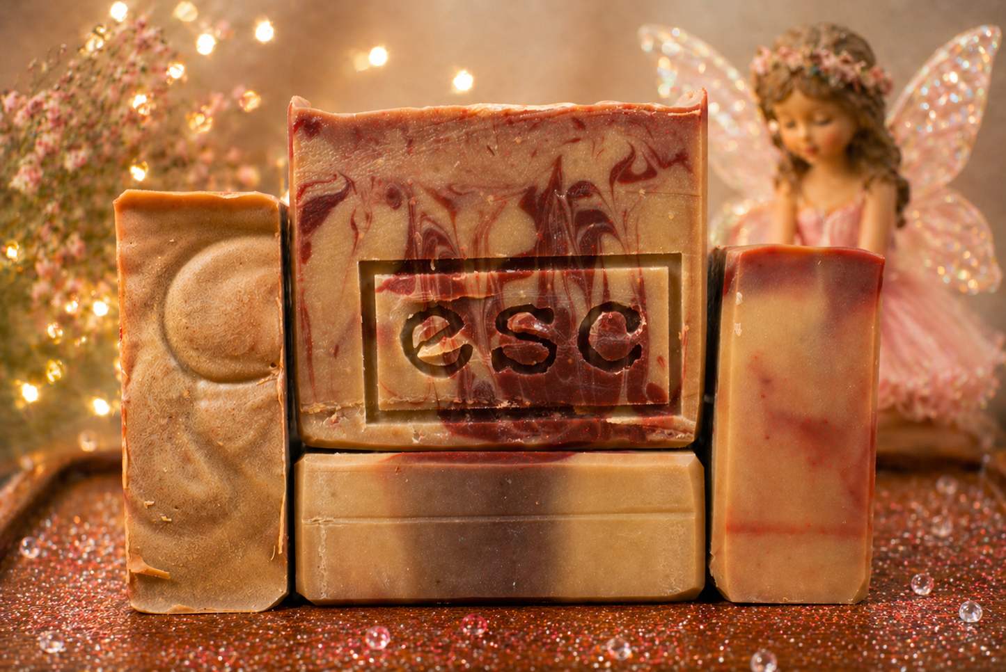 4 bars of red and off white soap featuring an 'esc' logo, which is the abbreviation for Euphoros Soap Company. On a wooden surface,with glitter and decorative elements. a fairy toy with pink pearescent wings in the background on the right, and fairy lights and delicate pink flowers are on the left.