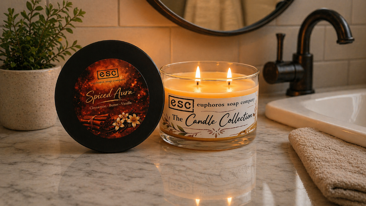 Off white candle with packaging on a bathroom counter, featuring 'Euphoros Soap Company' branding.  The candle has two wicks that are lit.