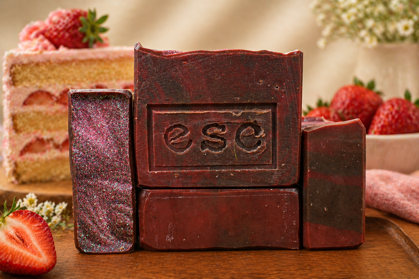 Four bars of soap, marbled red on darker red in color, on a wooden surface, featuring the brand 'ESC', which is the logo for Euphoros Soap Company.  A fresh sliced strawberry is to the left of the soap with some flowers.  A bowl of strawberries, a slice of strawberry cake, and a pot of white flowers are in the background.