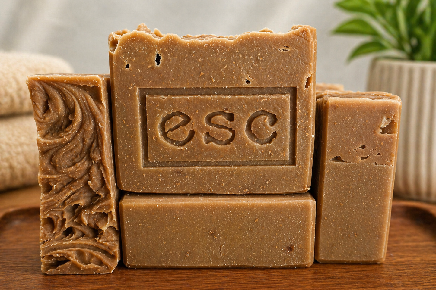 Four bars of soap, light brown in color, on a wooden surface, featuring the brand 'ESC', which is the logo for Euphoros Soap Company.
